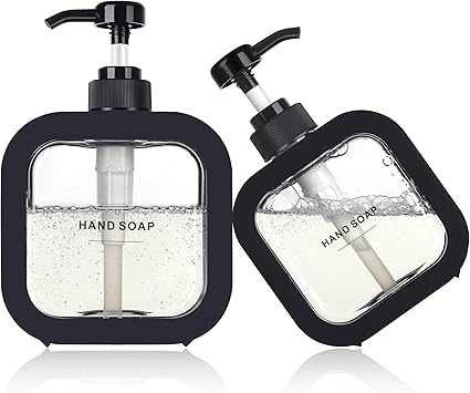 Black Soap Dispenser (2 Packs,17oz and 10oz)-Dish Soap Dispenser for Kitchen，Hand Soap Dispenser for Bathroom，Premium Plastic Soap Pump Bottles with Waterproof Labels