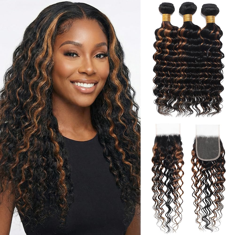 Highlight Ombre Deep Wave Human Hair Bundles with Closure (12 14 16+10Inch) Two-Tone P1b/30 Golden Brown Ombre Curly 3 Bundles with 4x4 Transparent HD Lace Closure Free Part For Women