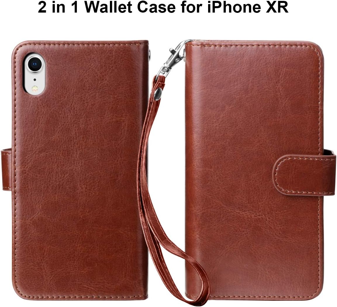 Vofolen Case for iPhone XR Case Wallet Leather PU Flip Cover Folio Detachable Magnetic Slim Shell Dual Layer Heavy Duty Protective Bumper Armor + Wristband Card Holder for iPhone XR X-R 10R (Brown)