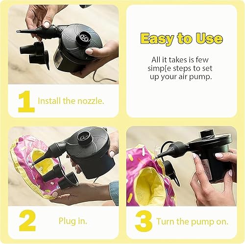 Miniatura 8 de Bombas de cama inflables, bomba de aire eléctrica con 3 boquillas, bomba de aire portátil de llenado rápido de 110 V CA12 V CC para campamento al