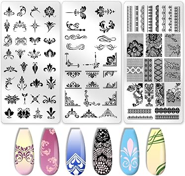 3Pcs Flower Lace Nail Stamping Templates French Tip Baroque Nail Art Stamp Plates Stainless Steel DIY Reusable Tools for Manicure Printing