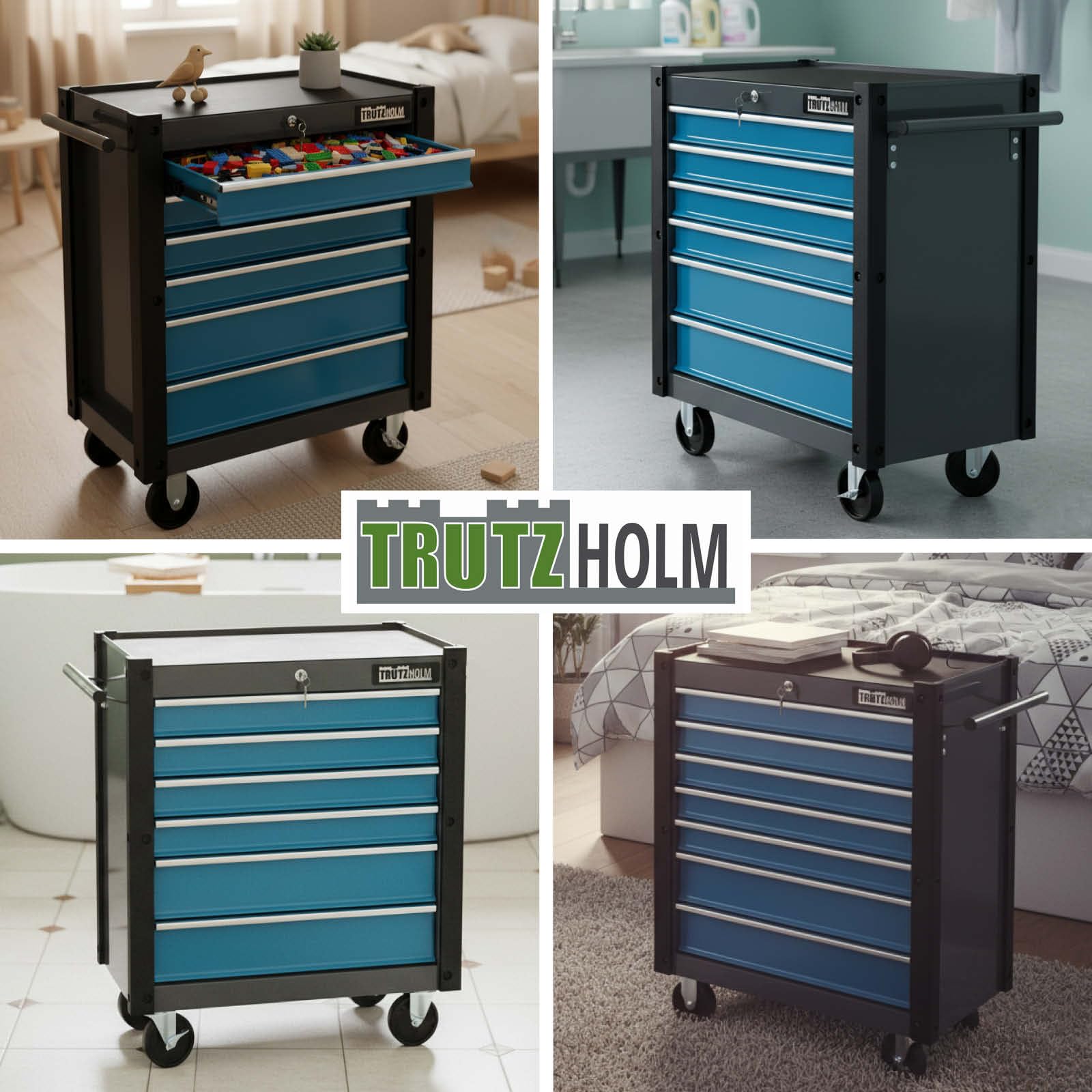 TRUTZHOLM Werkstattwagen TRUTZI mit 6 kugelgelagerten Schubladen, abschließbar, mit Anti-Slip-Einlagen, Eckschutzleisten, 4 Rollen (2 Lenkrollen mit Bremse), Traglast 105 kg, Stahl, blau
