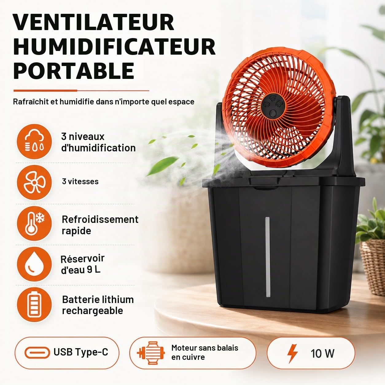 Ventilateur brumisateur rechargeable 10 W, réservoir de 9 L, 3 vitesses et 3 niveaux de brumisation, batterie rechargeable 16 000 mAh, USB-C, idéal pour la terrasse, le camping et la maison.