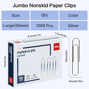 Deli Jumbo Paper Clips Nonskid, 1000 Large Paper Clips, 10 Boxes of 100 Each, Silver