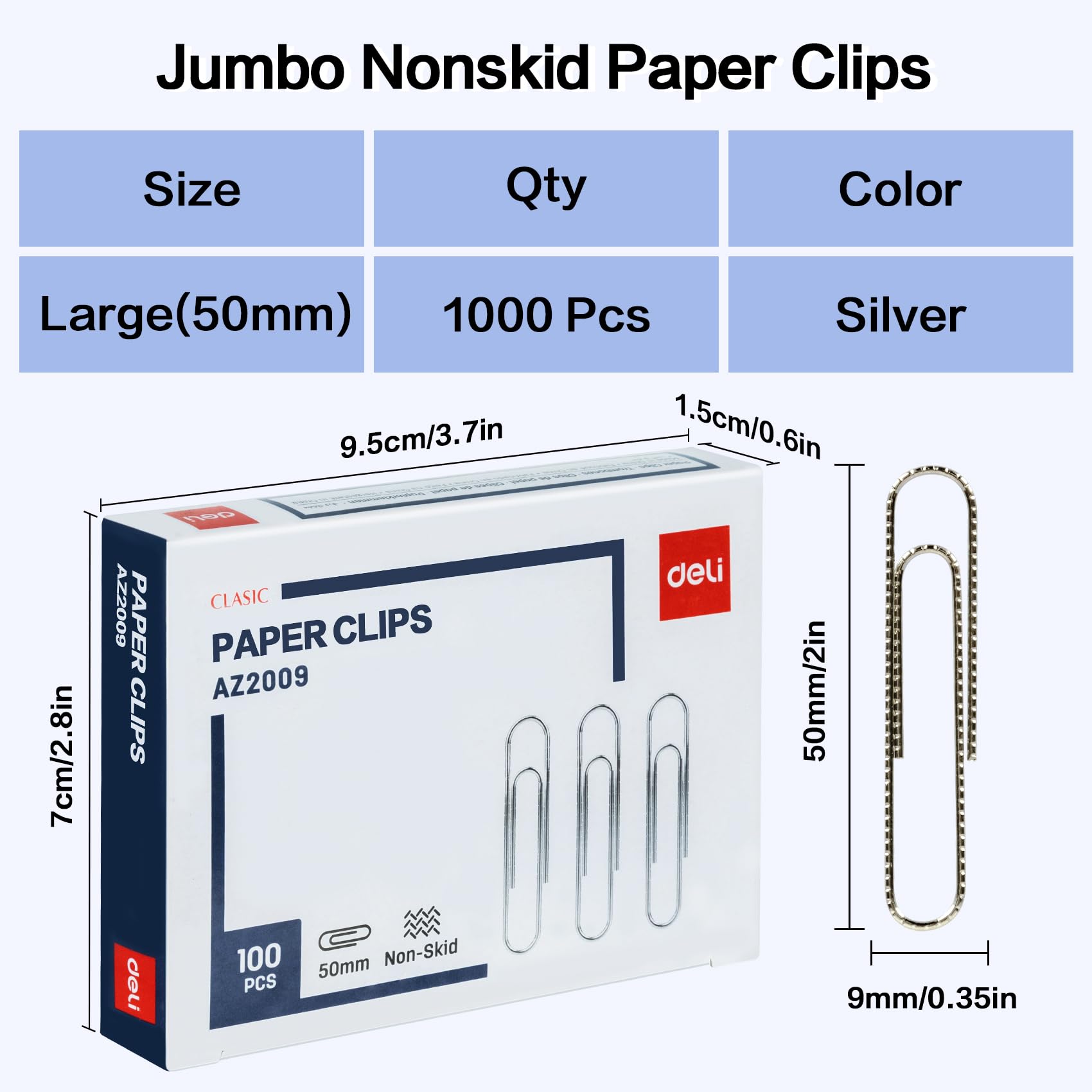deli Lot de 1 000 grands trombones antidérapants (10 boîtes de 100 de chaque), 5,1 cm, en acier inoxydable antidérapant, pour bureau, école et usage personnel