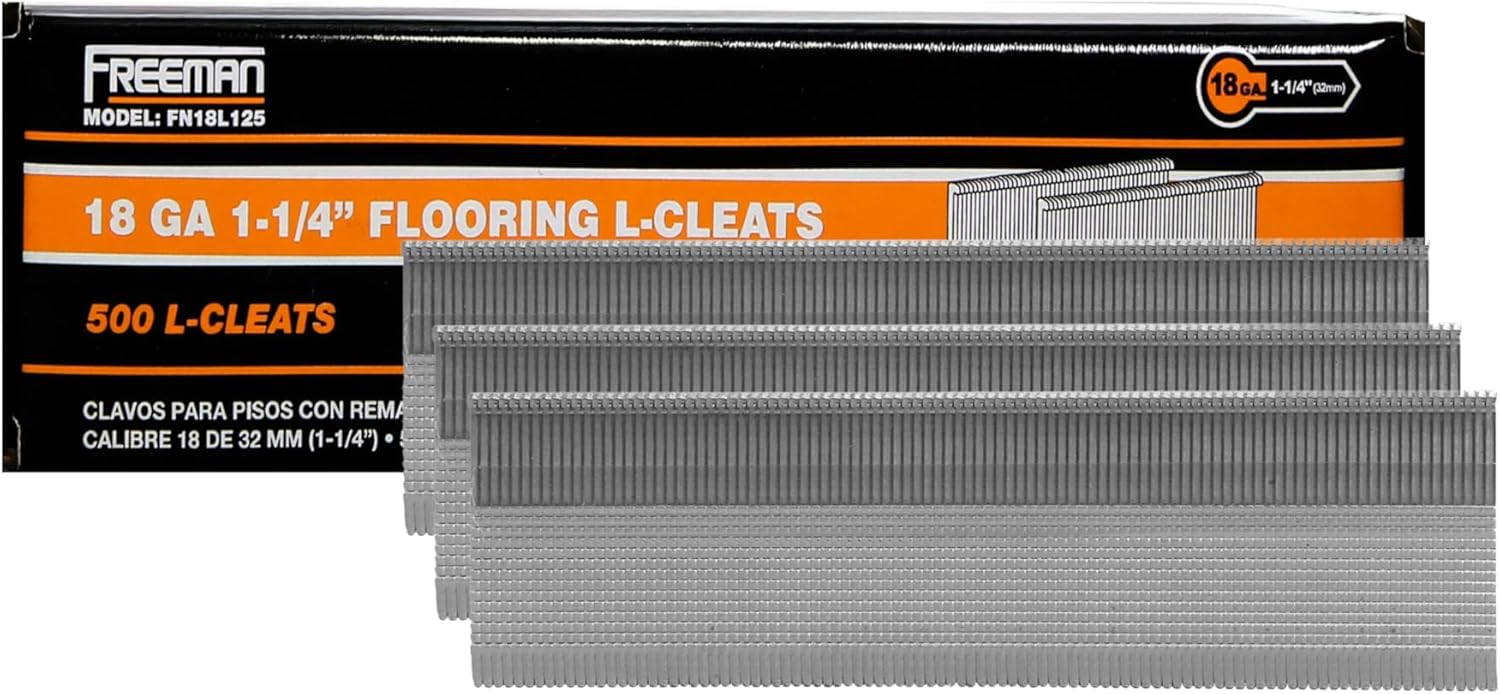 Freeman 18-Gauge Flooring L-Cleats | 1-1/4" | Glue Collated | Serrated Shank | Solid Steel | 500 Count | Indoor | Tongue and Groove Hardwood Floor Installation | FN18L125