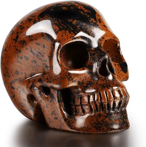 Skullis Cabeza de calavera de cristal de obsidiana de caoba de 2.0 pulgadas. Escultura de arte fino de piedras preciosas talladas a mano, estatua de