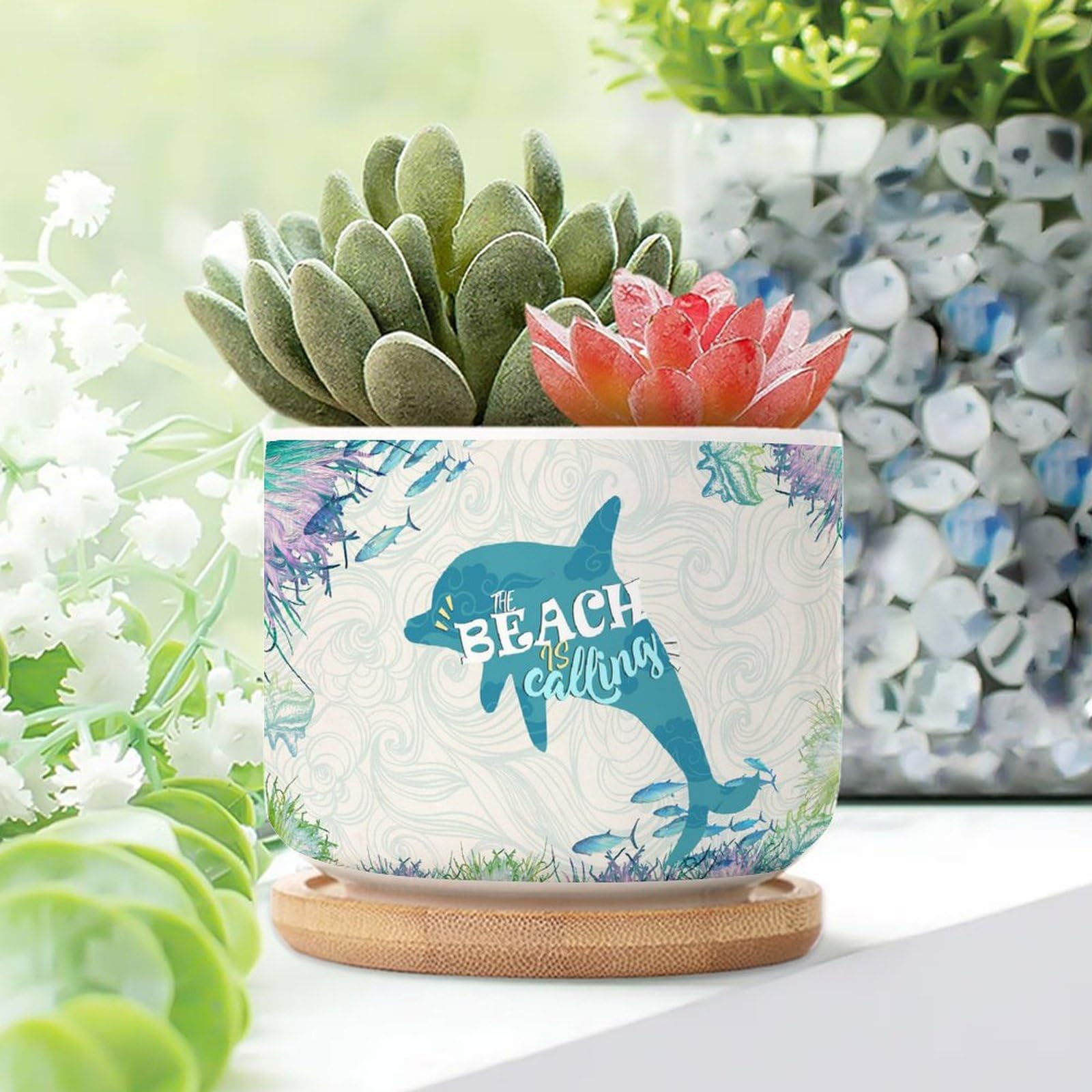 WoGuangis Set of 1 Small Ceramic Pots for Plants Retro Ocean Animal Dolphin Flower Pot Planter Tropical Beach Nautical Ceramic Plant Pot with Drainage