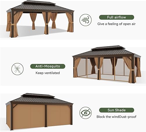 Miniatura 9 de Aoxun Gazebo de aluminio de techo duro de 12 x 20 pies, toldo de marco de metal para exteriores con una mosquitera y paredes laterales de