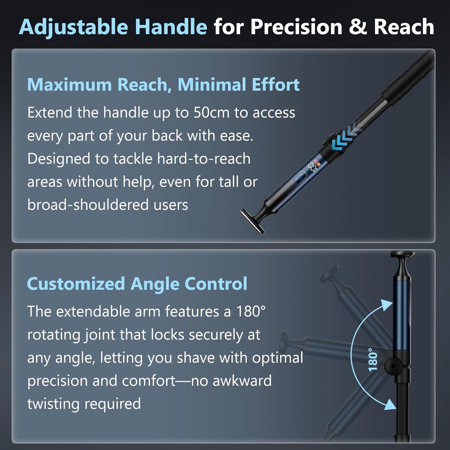 Back Shaver for Men, Mens Back Shaver with Travel Case, LED Display Ultra-Wide 2" T-Shaped Head with Long Handle, Safety Lock, IPX7 Wet/Dry, Multi-Functional Back Trimmer,(Space Silver)