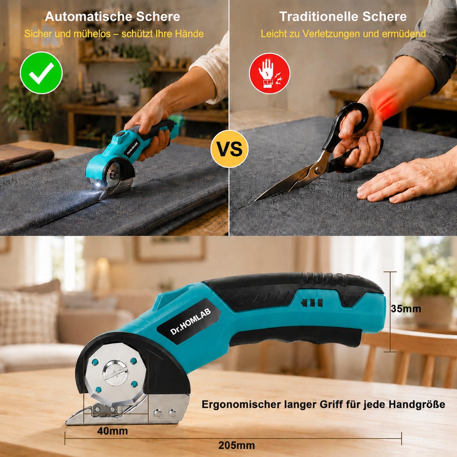 Kartonschneider, Elektrische Schere, Teppichschneider, Kabelloser Rollschneider mit 4,2V Wiederaufladbarem, 3 Selbstschärfenden Klingen, LED-Licht für Stoff, Papier, Karton, Teppich, Leder - Blau