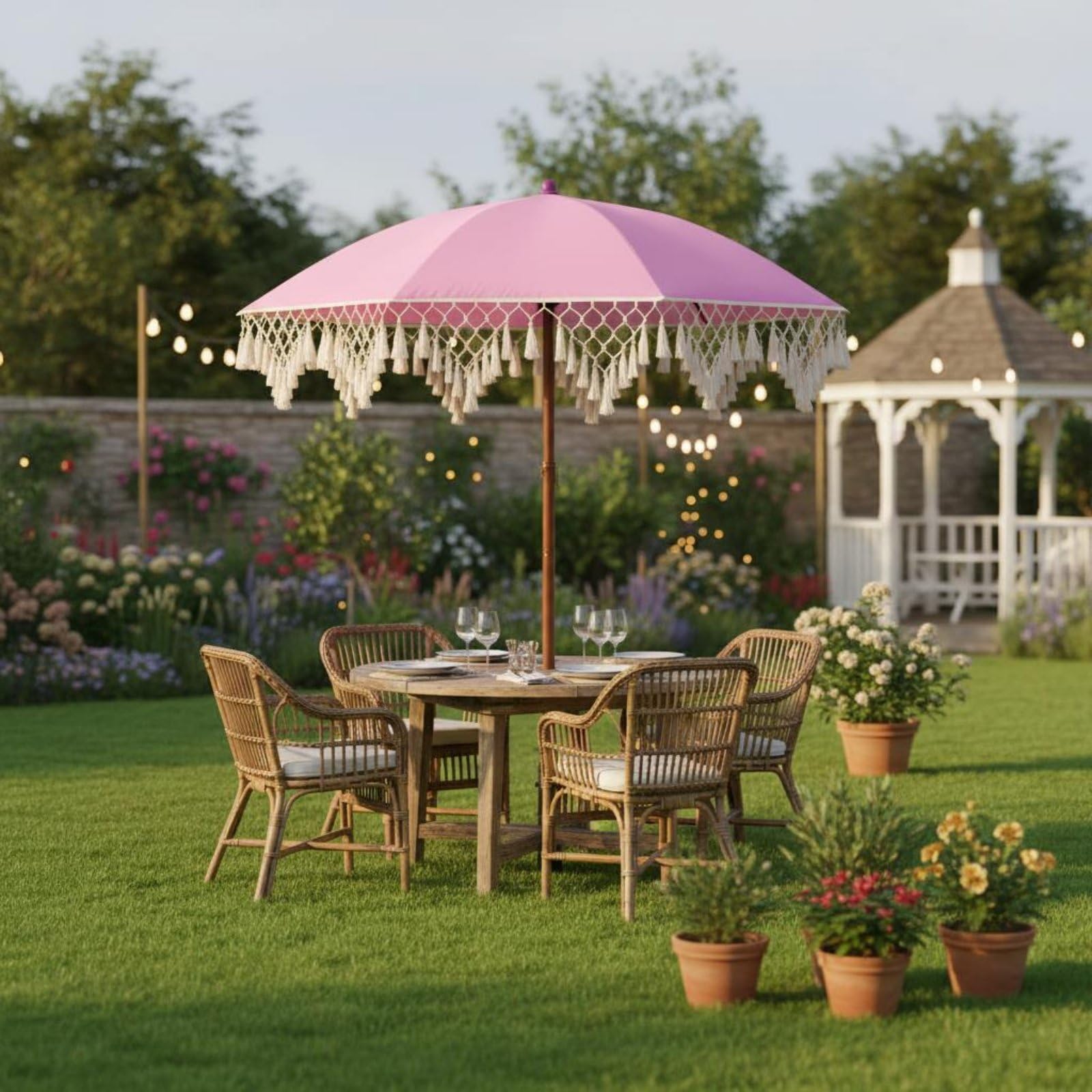 Parasol con Flecos Sombrilla de Jardín de Patio Estilo Artístico Tejido Nylon Protección Solar PA Adecuado para Patio Picnic Exterior