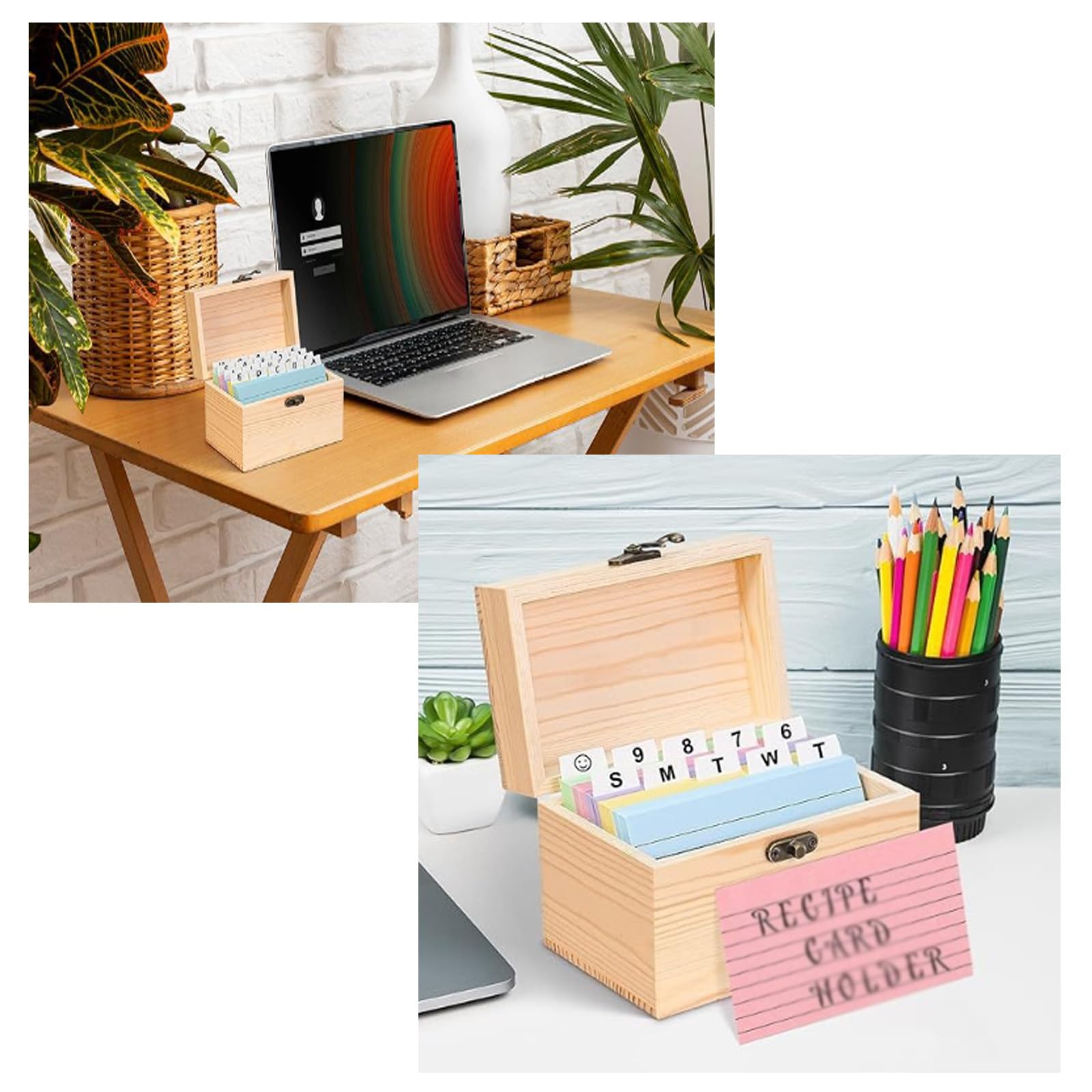 2 cajas de recetas de madera con tarjetas, robustas fichas de madera, soporte para recetas, caja de tarjetas, organizador de tarjetas de notas, estuche para tarjetas de notas, para cocina, boda