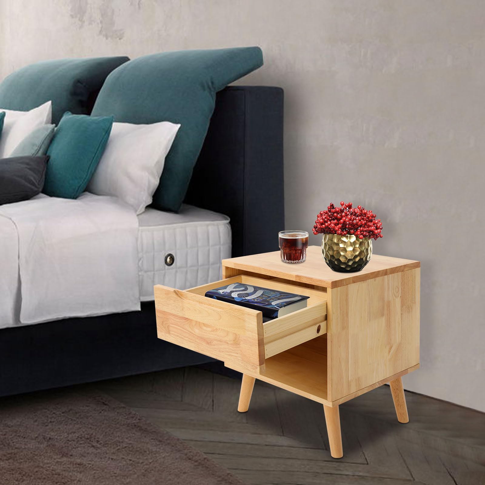 OUKANING Dorm Nightstand with Drawer,Bedroom Bookshelf,Solid Wood End Table,Multi-Functional Narrow Slit Side Table for Living Room and Study, for Living Room, Office?Wide 17.12 in?