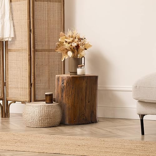 Miniatura 2 de SUNBURY Juego de 2 mesas auxiliares de tocón de 15 pulgadas, mesa auxiliar de hormigón, mesa auxiliar de tocón de árbol de nogal, soporte para