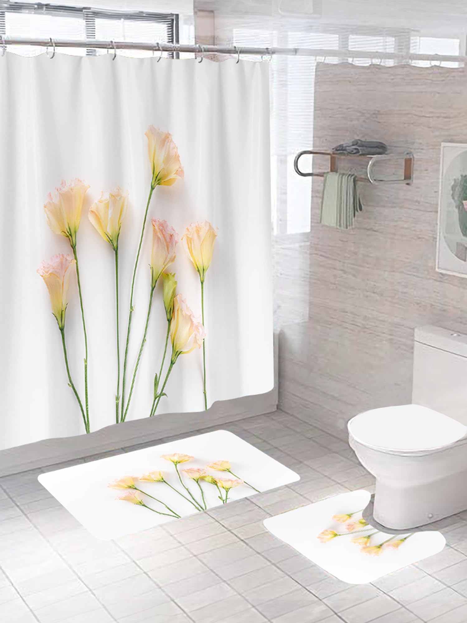 SAVYA HOME Shower Curtain & Bathroom Mat Set, Waterproof Fabric Anti Skid Mat, Summer Yellow Tulips, Pack of 3
