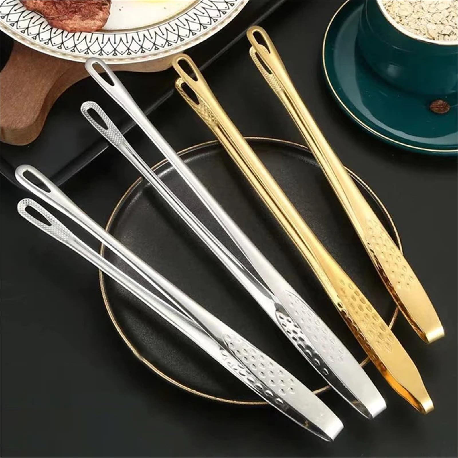 Pinze da barbecue, Pinze da cucina in acciaio inox multicolore 23-28 cm manico lungo antiscivolo(Gold,28cm)