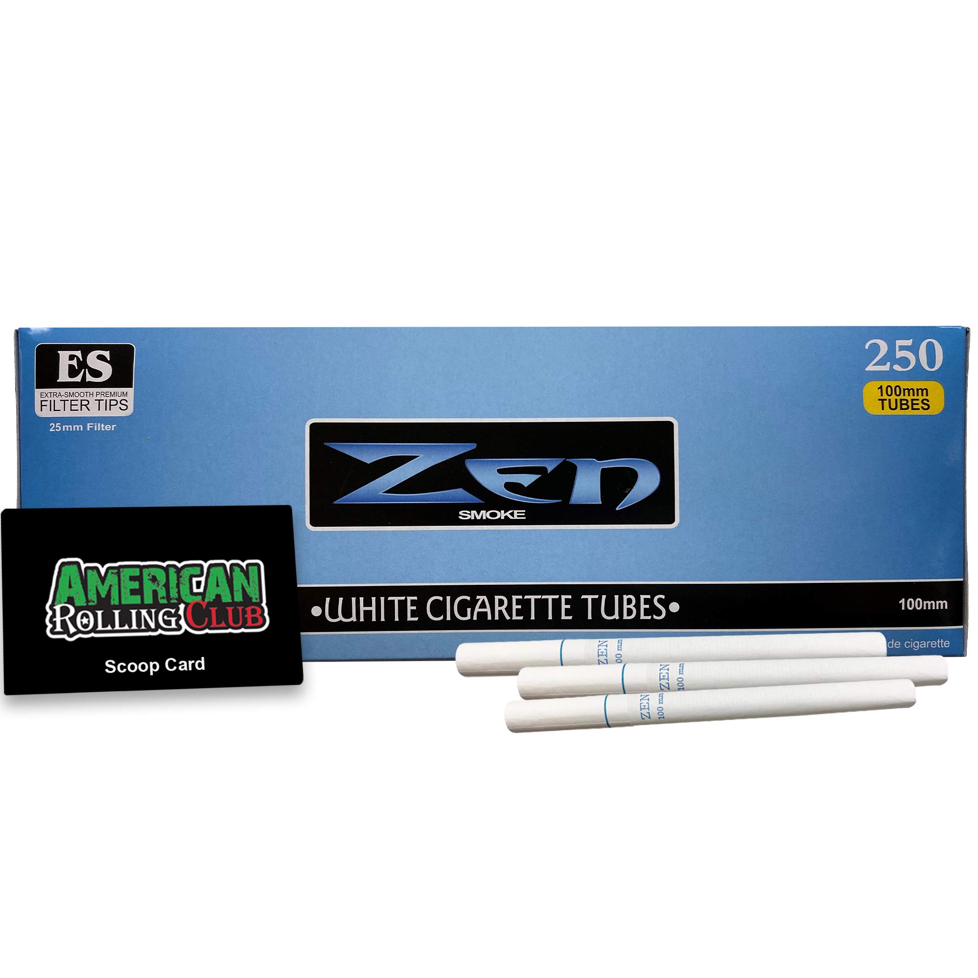 Zen Cigarette Tubes | Light | 100's | 250 Tubes | Includes American Rolling Scoop Card