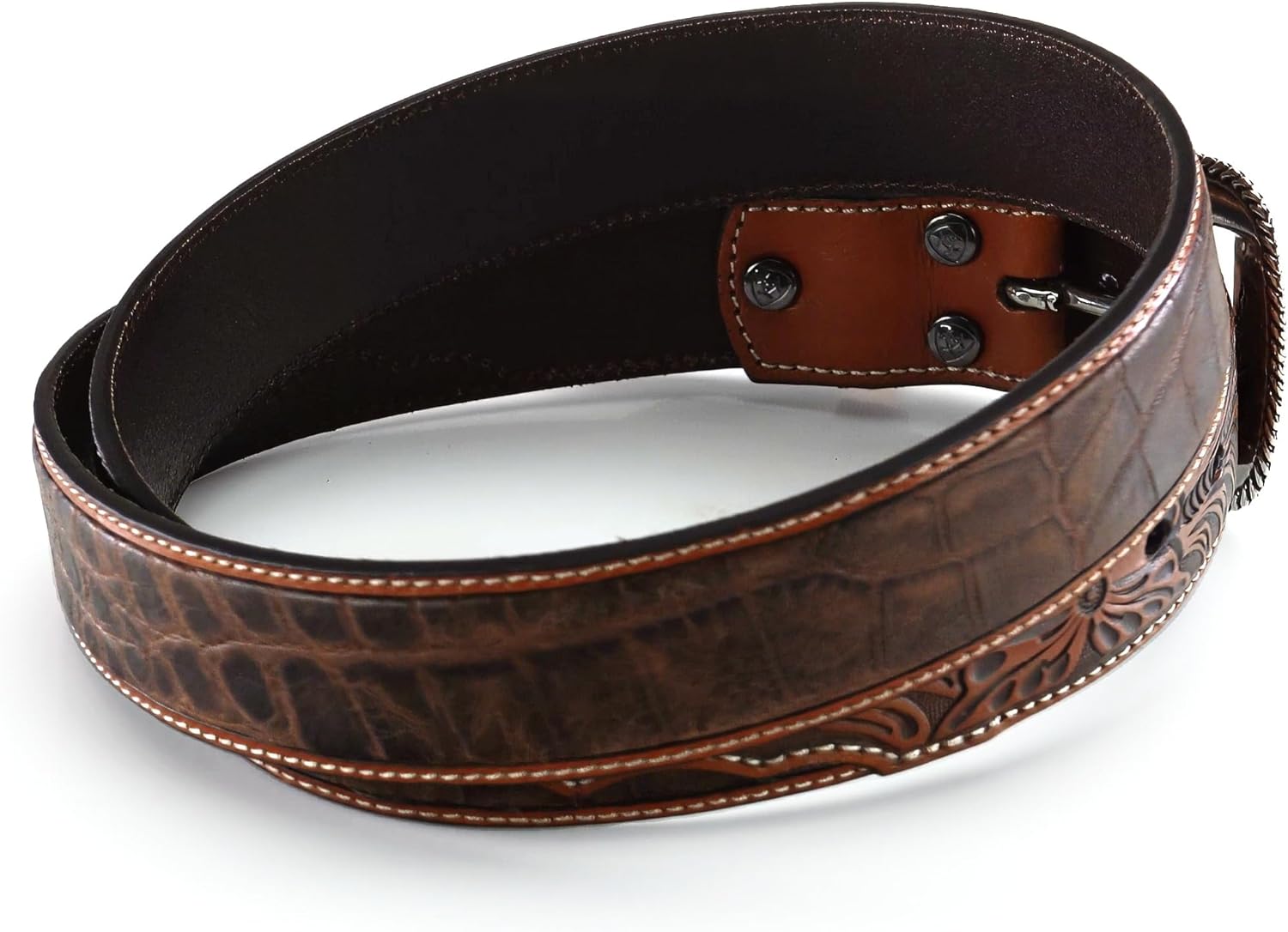 ARIAT Men's Two-Tone Floral Tab Crocodile Print Leather Belt - Image 4