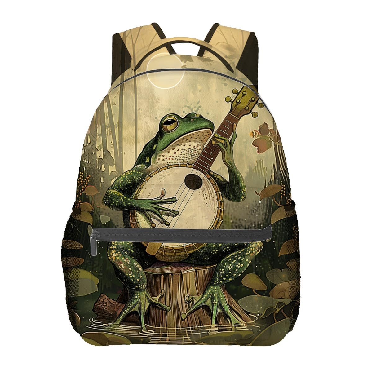 MIEPOS Frog Playing Banjo Backpack, Whimsical Forest Polyester Backpacks,Lightweight Double Shoulder Back Pack for Teens Adults,Music Retro Bookbag,