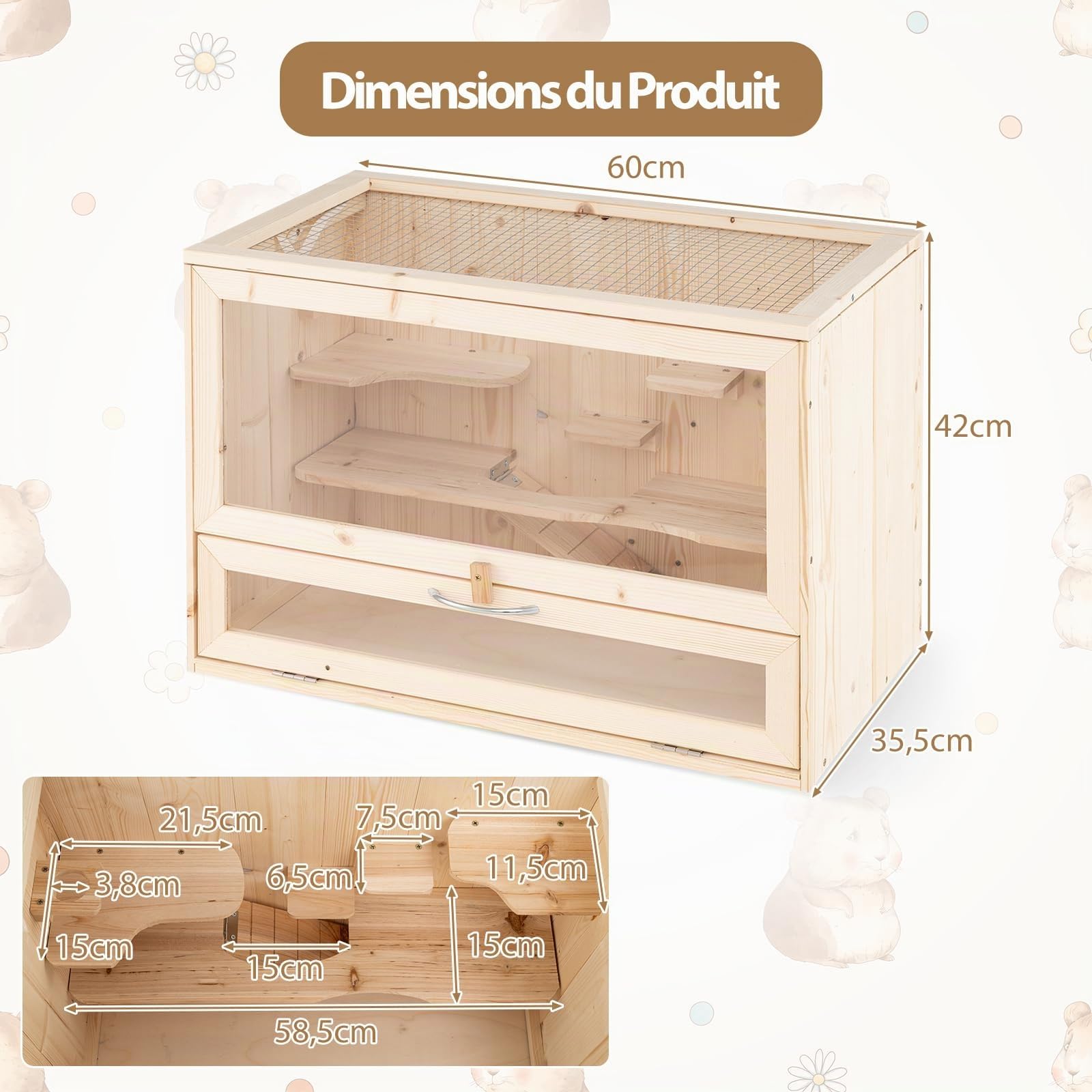 GYMAX Cage pour Hamster en Bois, Panneau en Acrylique Transparent, Échelle et Plateformes d'Activités, Toit Rabattable en Grillage, Maison pour Petits Animaux d'Intérieur, Hérisson, Cochons d'Inde