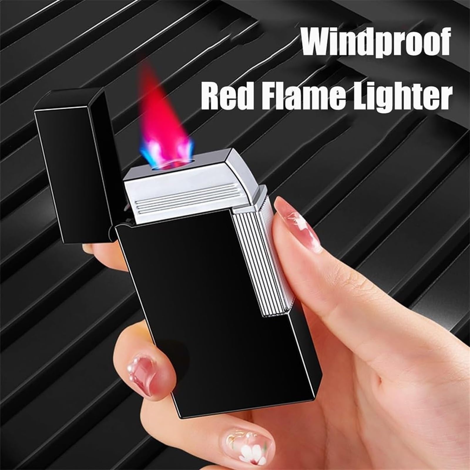 Briquet tempête butane réglable avec bouchon à rabat en métal rechargeable Idéal pour l'extérieur Idée cadeau pour homme Design classique