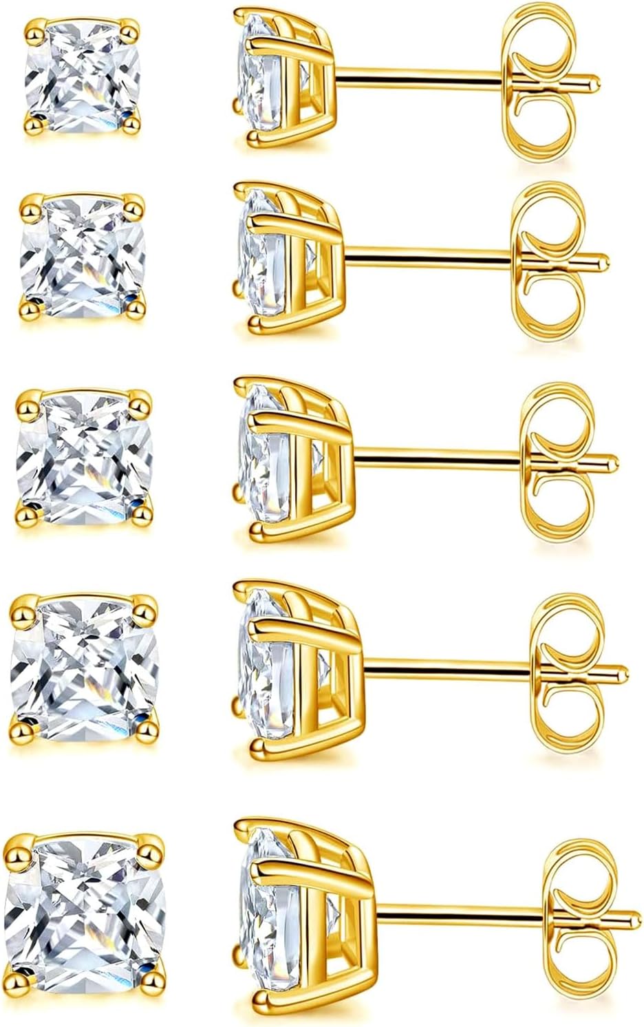 MDFUN 5 Pairs Stud Earrings Sets 3-7MM 18K Gold Plated Round/Cushion/Asscher/Emerald Cut Cubic Zirconia Earring Hypoallergenic Stud Earrings for Women Men