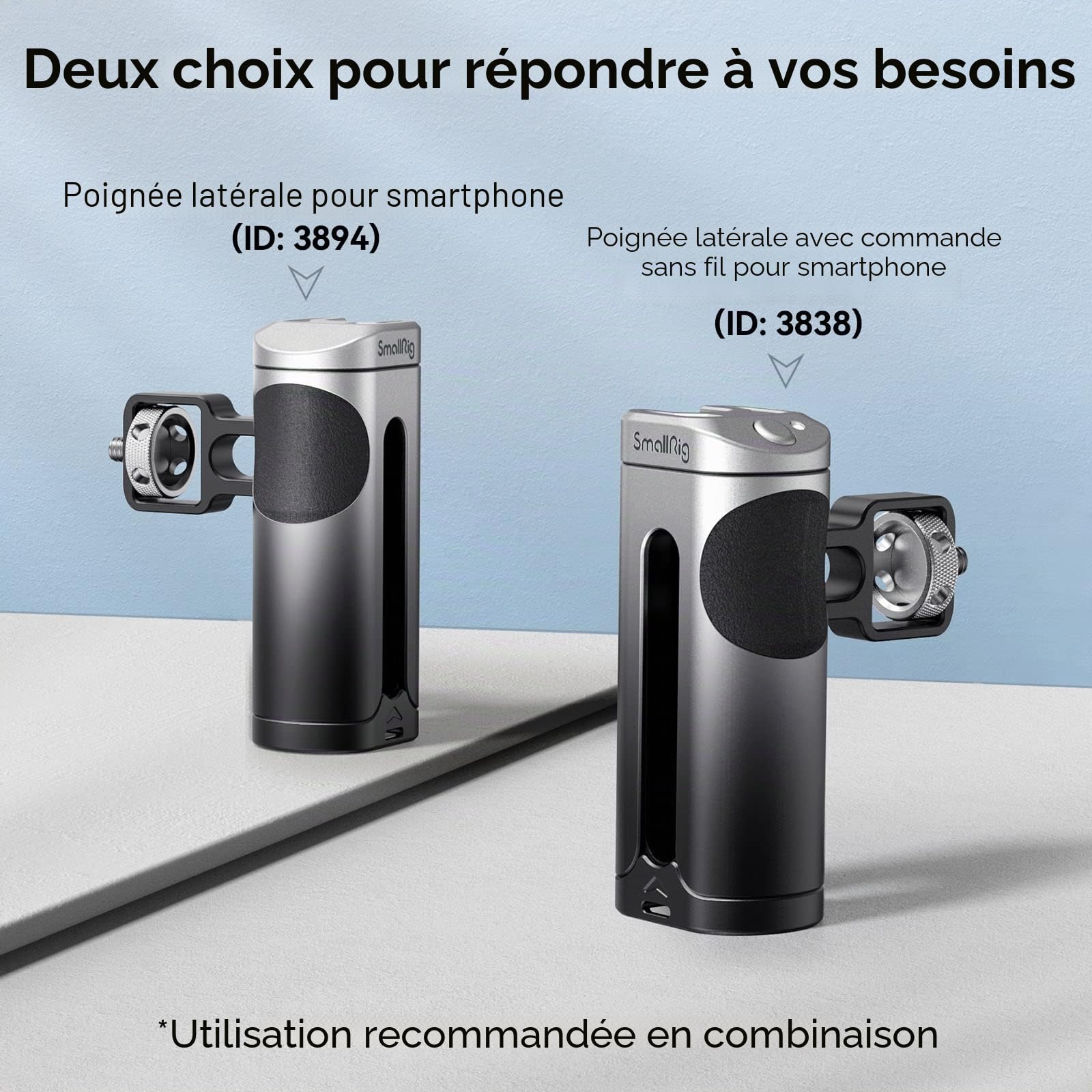 SMALLRIG Poignée Latérale avec Démarrage d'Enregistrement, Arrêt de la Télécommande sans Fil et Cold Shoe, pour SMALLRIG Mobile Phone Cage Video Rig avec Filetage 1/4"-20-3838