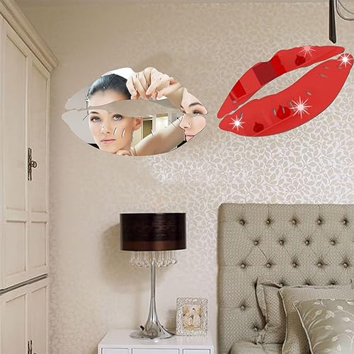 Miniatura 3 de 2 juegos de calcomanías de pared 3D con espejo de labios grandes, calcomanías de pared en forma de beso, murales de acrílico autoadhesivos para