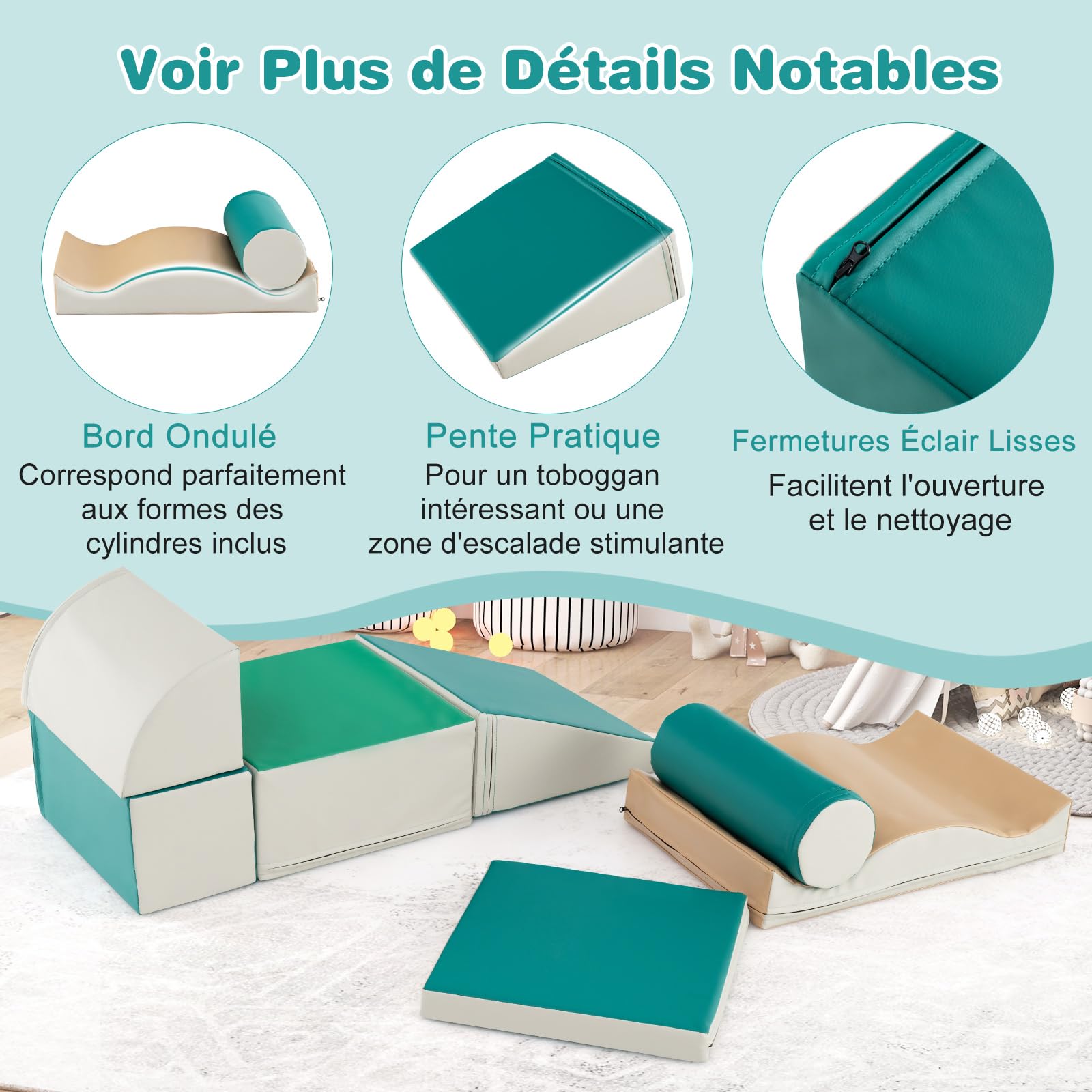 DREAMADE 7 PCS Parcours Motricité Bébé, Modules de Motricité en PU, Jouet d'apprentissage Créatif Convertible, pour Maison, Crèche, Écoles Maternelles (style2-vert&Blanc)