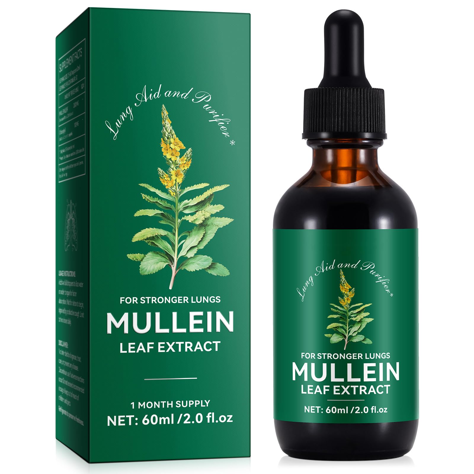 Mullein Drops for Lungs 2 Fl Oz - Mullein Leaf Extract for Lungs with Chlorophyll - Natural Herbal Supplement for Lung Cleanse, Respiratory Support, Boosts Immunity, Digestive Wellness