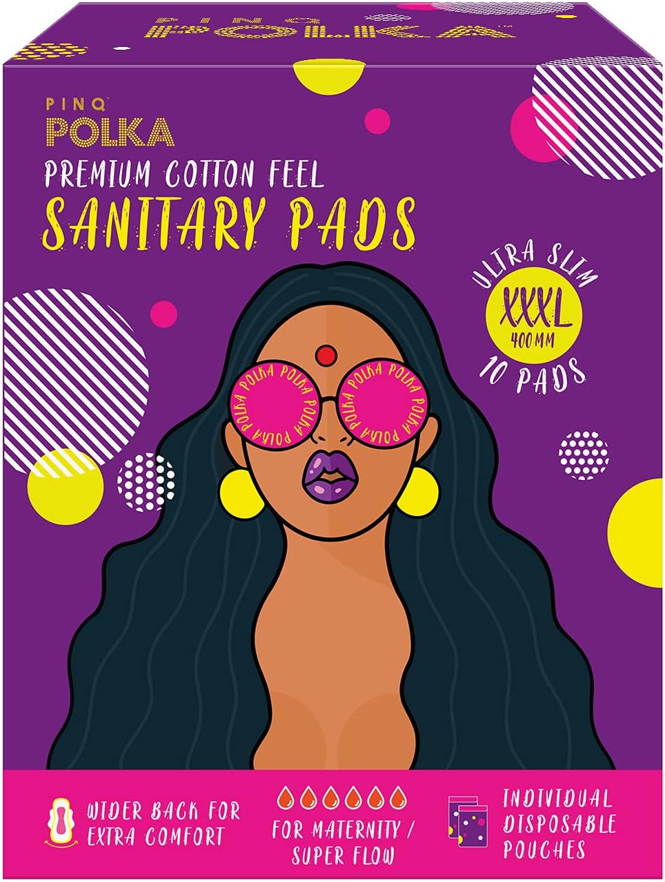 PINQ POLKA Sanitary Pads For Women|10 Pads XXXL 400MM |Premium Ultra Thin Heavy Flow, Maternity |Wider Back with 5 way Sticking|Organic Cotton Soft Rash Free|Biodegradable Diposable Bags| Toxin Free