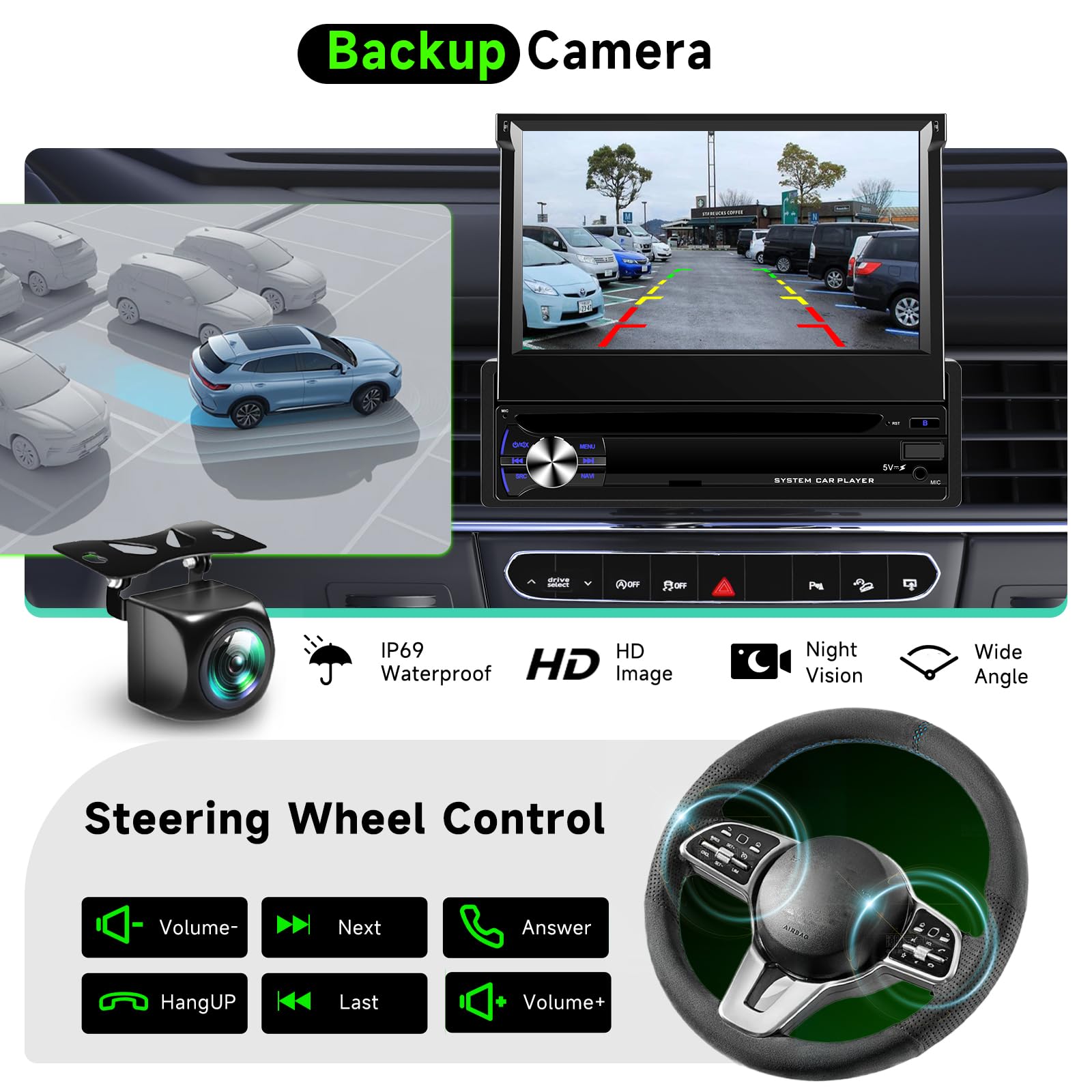 Hodozzy 4G+64GB Radio Coche 1 DIN Android con CarPlay Android Auto Inalámbrico, Pantalla Táctil HD de 7 Pulgadas Retráctil Pantalla 1 DIN con Bluetooth GPS WiFi Mirrorlink FM/RDS Radio USB/AUX Cámara