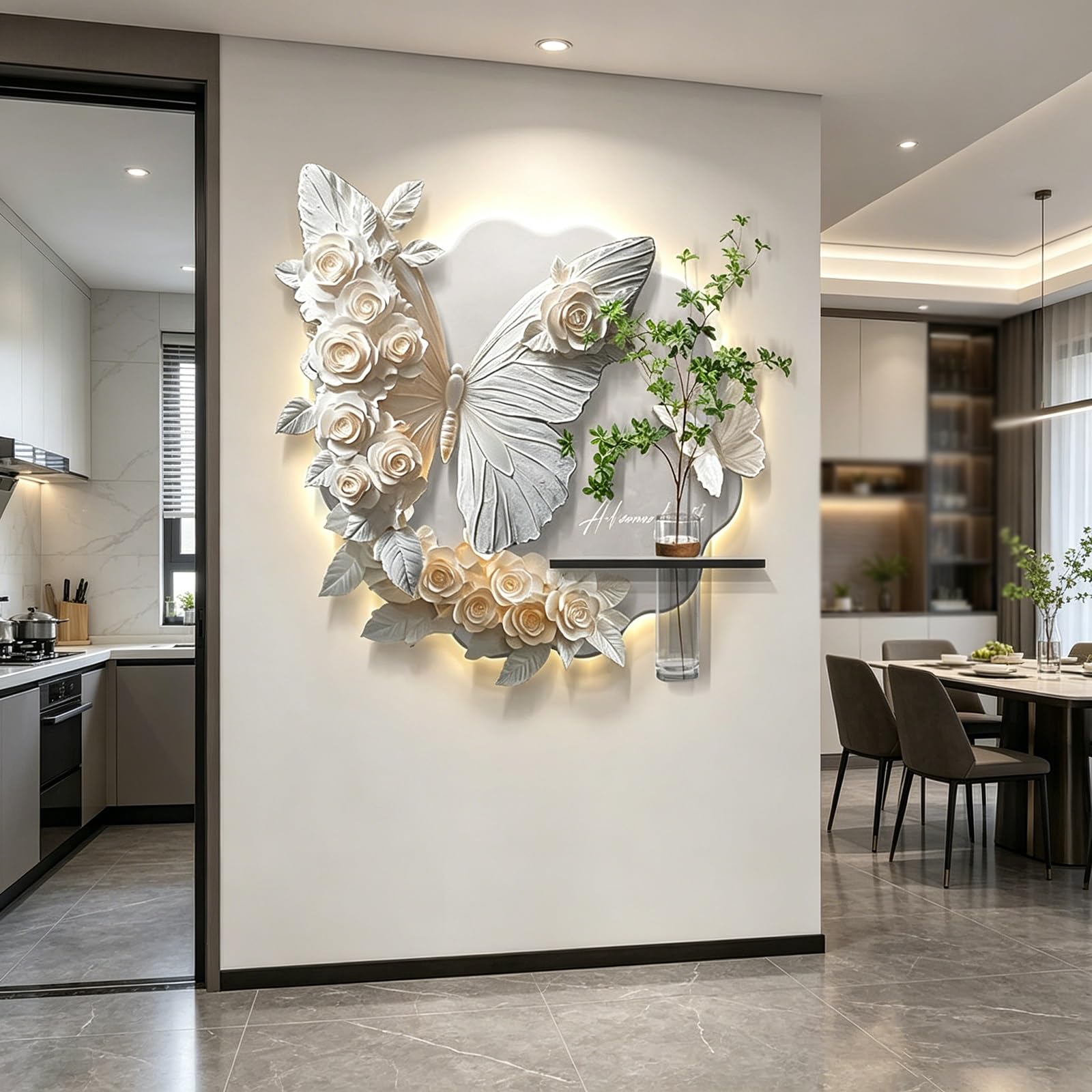 XYUERU Large wall decoration LED metal, wall decoration living room, feather design wall, for sofa background wall, entrance and hallway and can be hung vertically or horizontally(White,60 * 60cm)