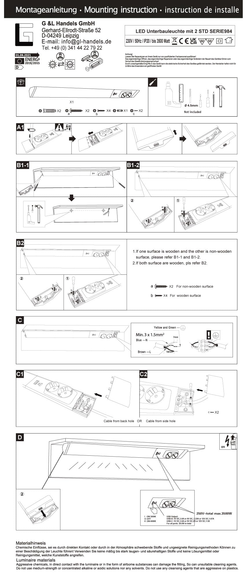 LED Unterbauleuchte mit 2 Steckdosen, USB-A, USB-C und 2 Lichtfarben
