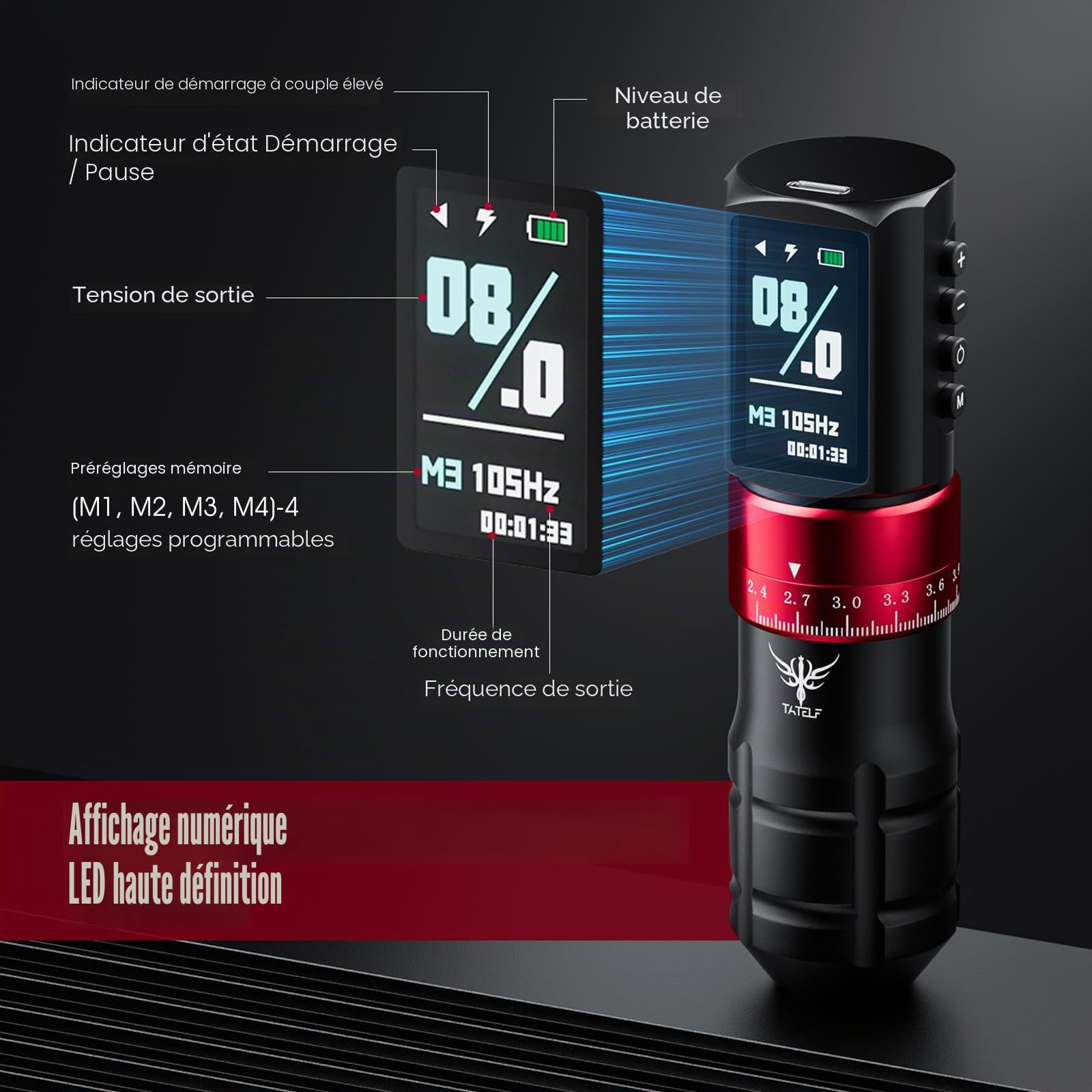TATELF Kit de machine sans fil avec 7 hauteurs de levage réglables avec batterie de 2300 mAh, 20 cartouches, 10 cartouches d'encre, accessoires professionnels complets pour débutants et artistes
