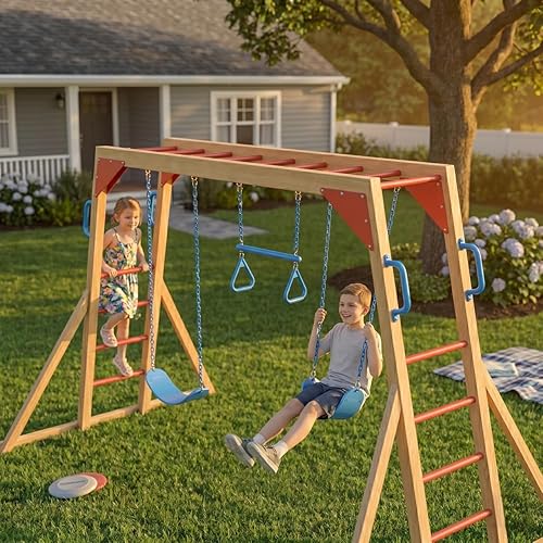 EROMMY Wooden Swing Sets for Backyard with Monkey Bar, Outdoor Playset for Kids with Trapeze Swing Bar and 2 Belt Swings, Heavy Duty Playground Accessories