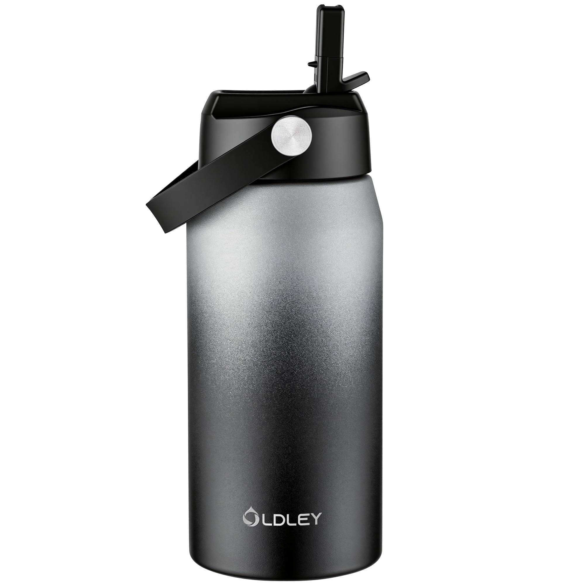 OLDLEY 550ml Insulated Water Bottle with Straw, Stainless Steel Water Bottles with Handle for School, Travel, Leakproof BPA Free Metal Vacuum Small Flask Keep Hot and Cold for Kids, Adult (Grey-Black)