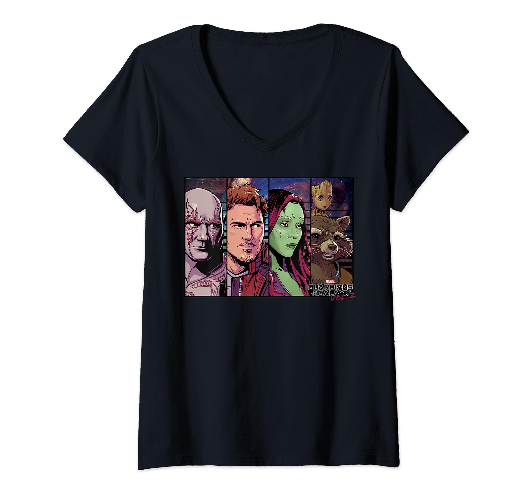 Womens Marvel GOTG Vol. 2 Cartoon Portrait Panels V-Neck T-Shirt