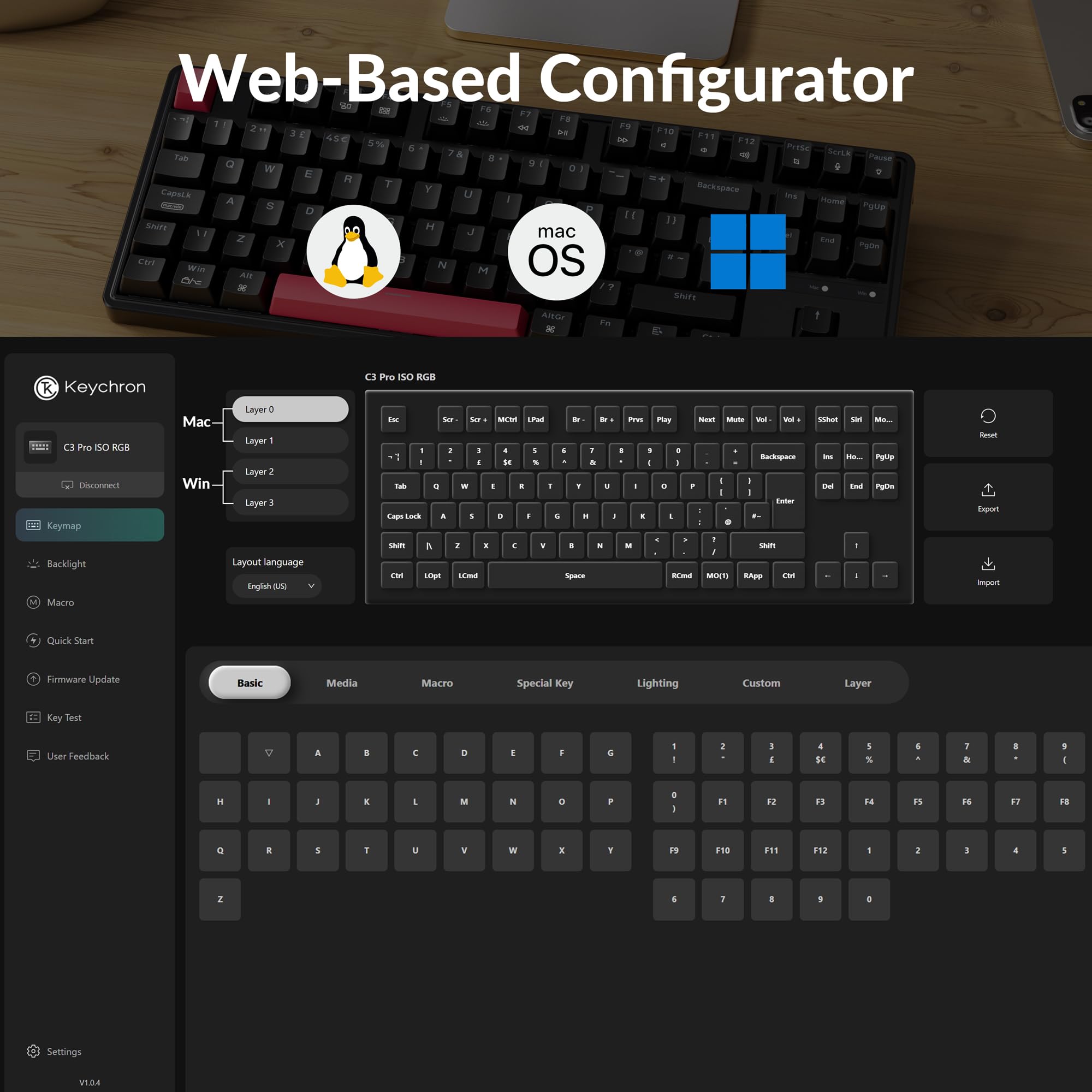 Keychron C3 Pro Wired Mechanical Keyboard - ISO UK Layout, 87 Key TKL Compact, Gasket Mount, QMK/VIA Programmable, Red Switches, Red Backlight, for Mac Windows Linux Gaming — view 4