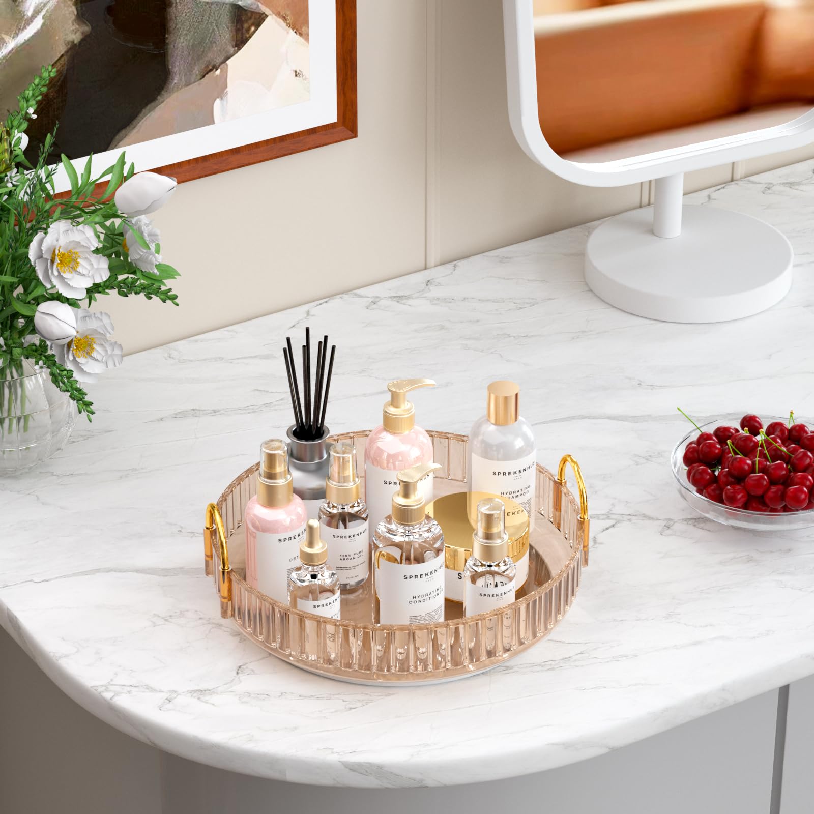 MOACC Porta Trucchi Rotante a 360°, Organizzatore di Cosmetici ad Grande Capacità, Organizzatore di Profumi, Make Up Organizer Adatti per Toeletta Camera da Letto Bagno Cucina, 1 Strato, Ambra