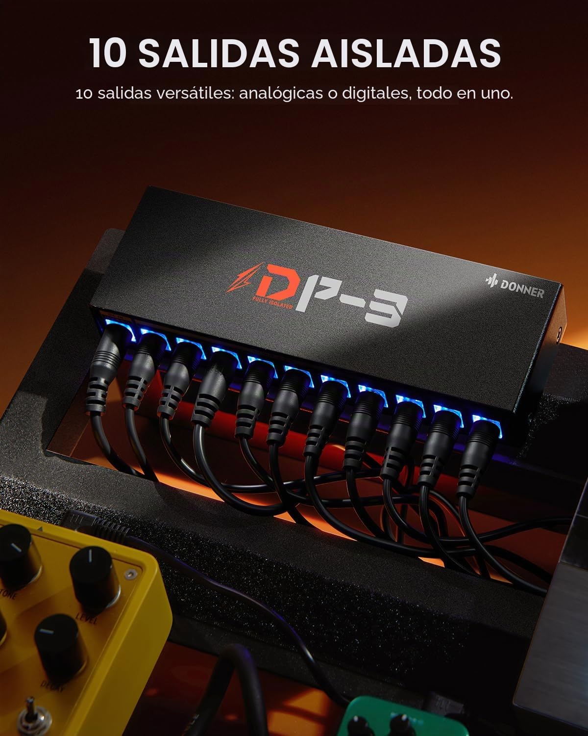 Donner DP-3 Fuente de alimentación para pedales de efectos de guitarra con 10 salidas DC aisladas para pedales 9V/12V/18V (100mA/300mA/500mA)