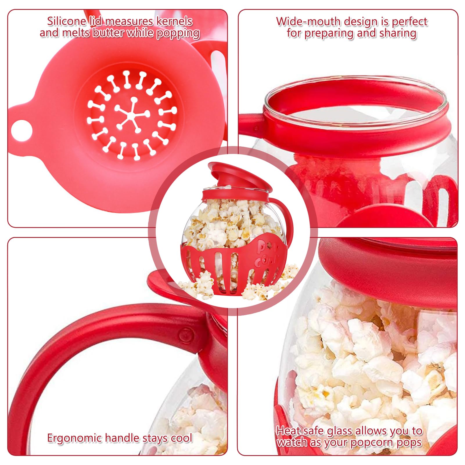Ciotola per Popcorn per Microonde, Pop corn Microonde Vetro,Macchina Popcorn,Coperchi in 3 in 1 per Snack Salutari, per Raduni, Feste, Picnic, Rosso, Pentola a Microonde Aria Popcorn Spuntino