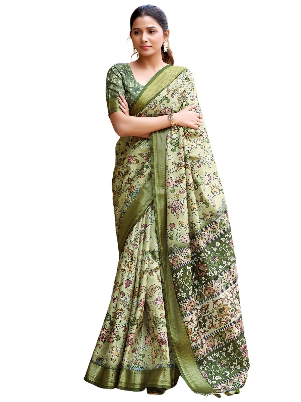 Satrani Women's Dola Silk Printed Weaving Border Saree With Unstitched Blouse Piece (4081S191N_Green)