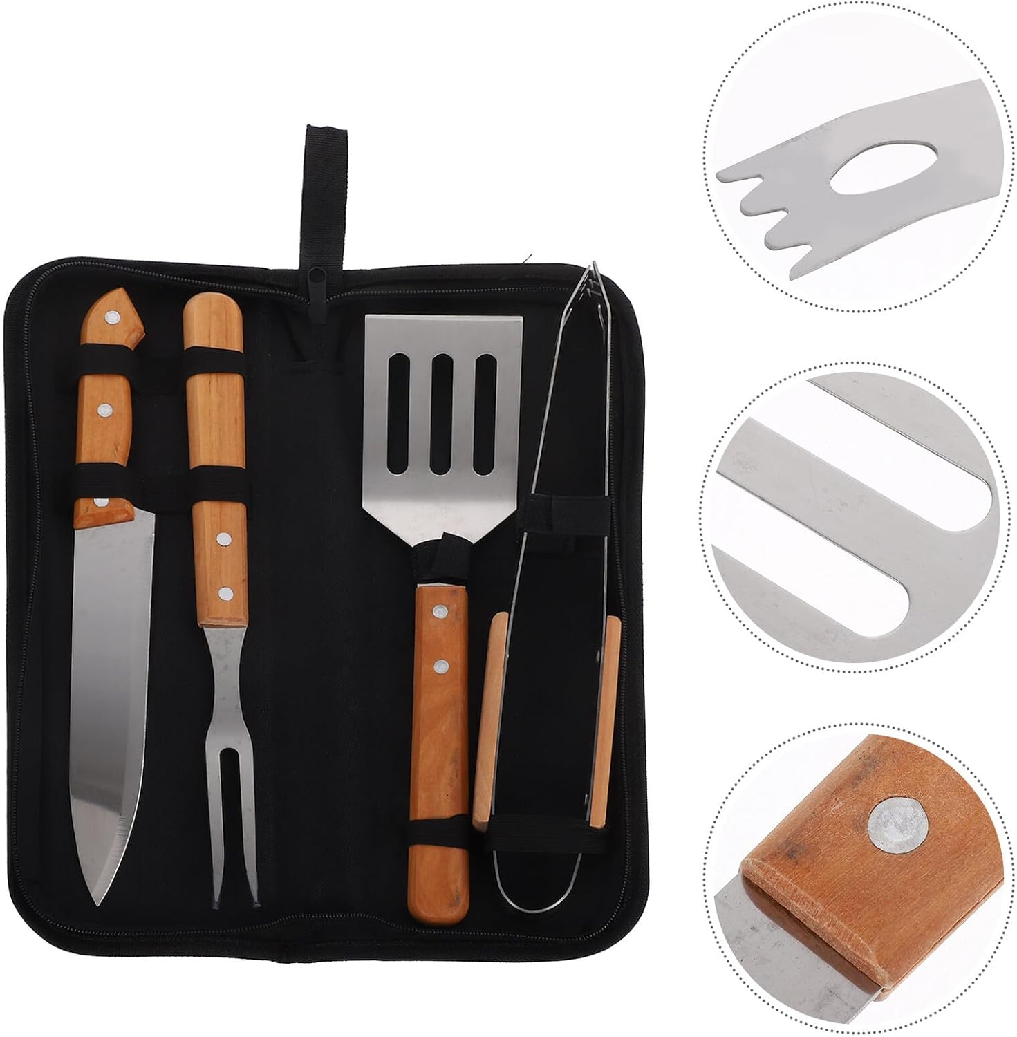 SUPVOX Stainless Steel Barbecue Grill Tool Set with Fork Spatula Tongs, Portable 4pcs BBQ Accessories Kit for Outdoor Camping and Backyard Cooking with Carrying Bag
