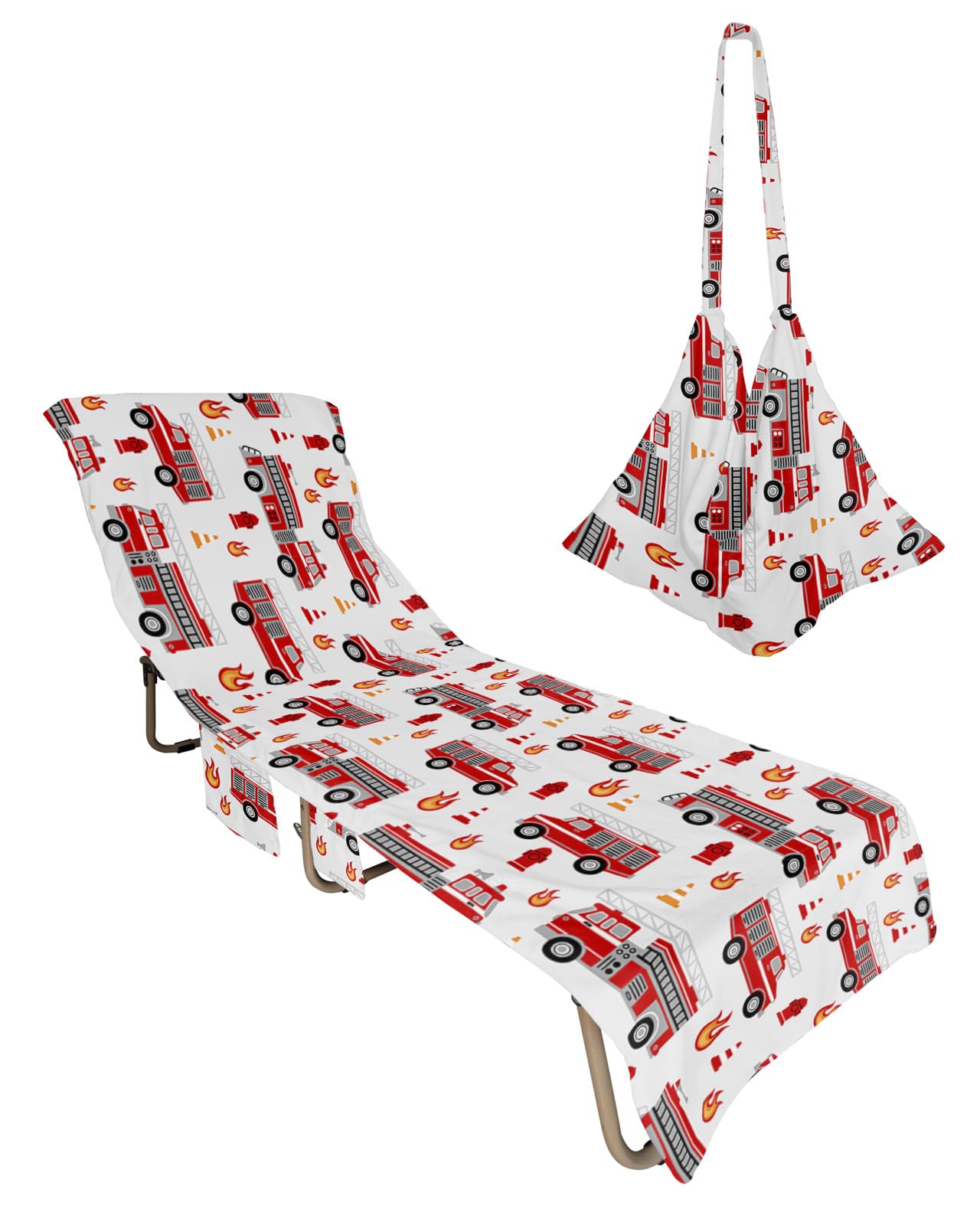 Red Fire Truck Beach Chair Towel Covers for Chaise Lounge with Side Pocket, Soft Plush Pool Towels Cover for Patio Sunbathing Outdoor 29''x85'' Vehicle Cartoon Grey Pattern