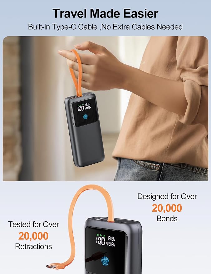 Cargador portátil 24000mAh 65W carga rápida Power Bank con cable incorporado miniatura 8