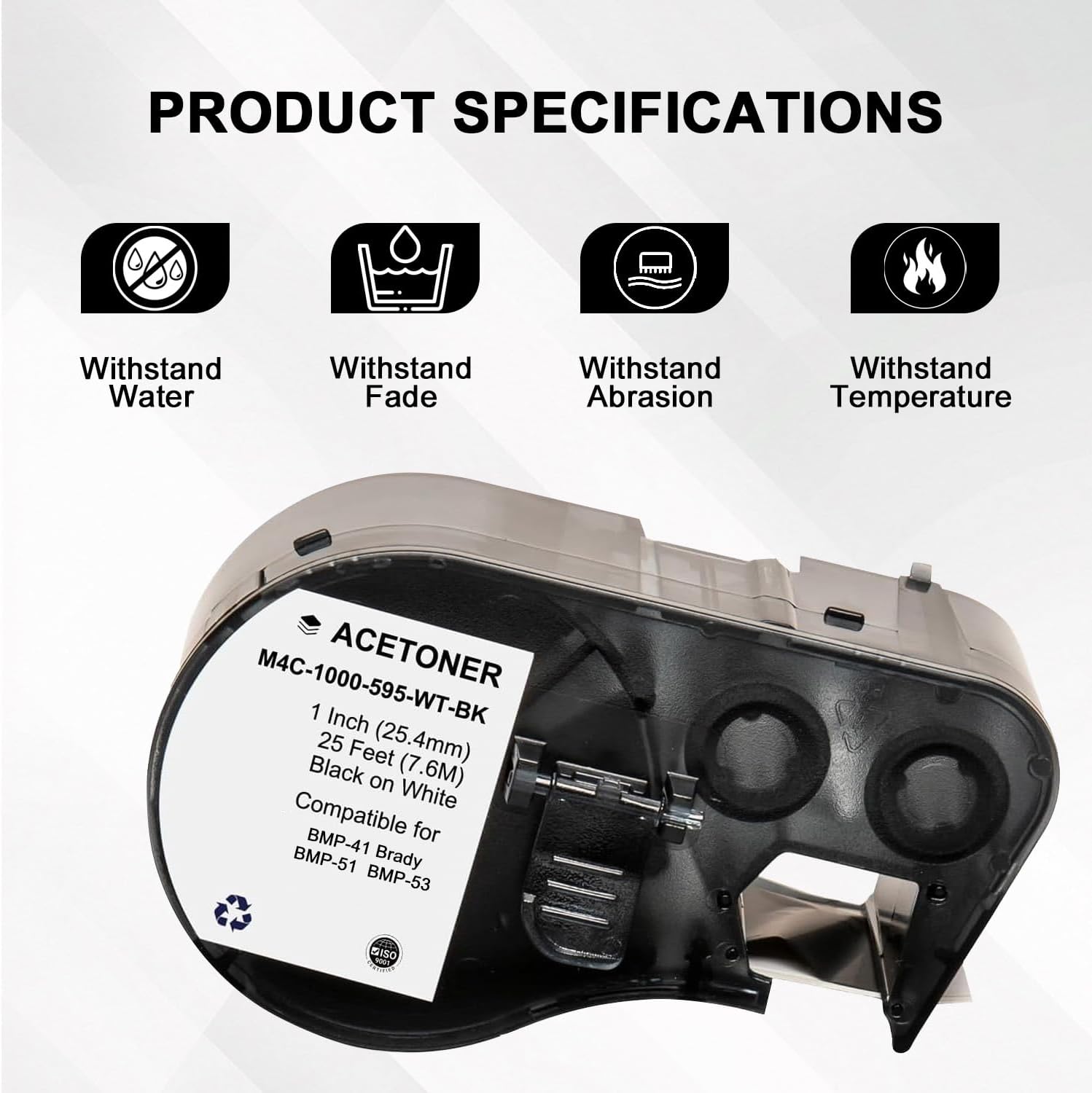 Compatible with Brady (M4C-1000-595-WT-BK) All-Weather Vinyl Label, 1 inch Wide x 25 feet Suitable for BMP-41、Brady BMP-51、BMP-53 PC Linked(Black and White)