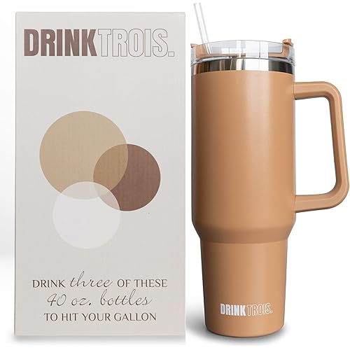 Drink Trois (Women-Owned 40 oz Tumbler With Handle and Straw Lid Insulated Reusable Stainless Steel Water Bottle Travel Mug for Iced Coffee, Cold Beverages