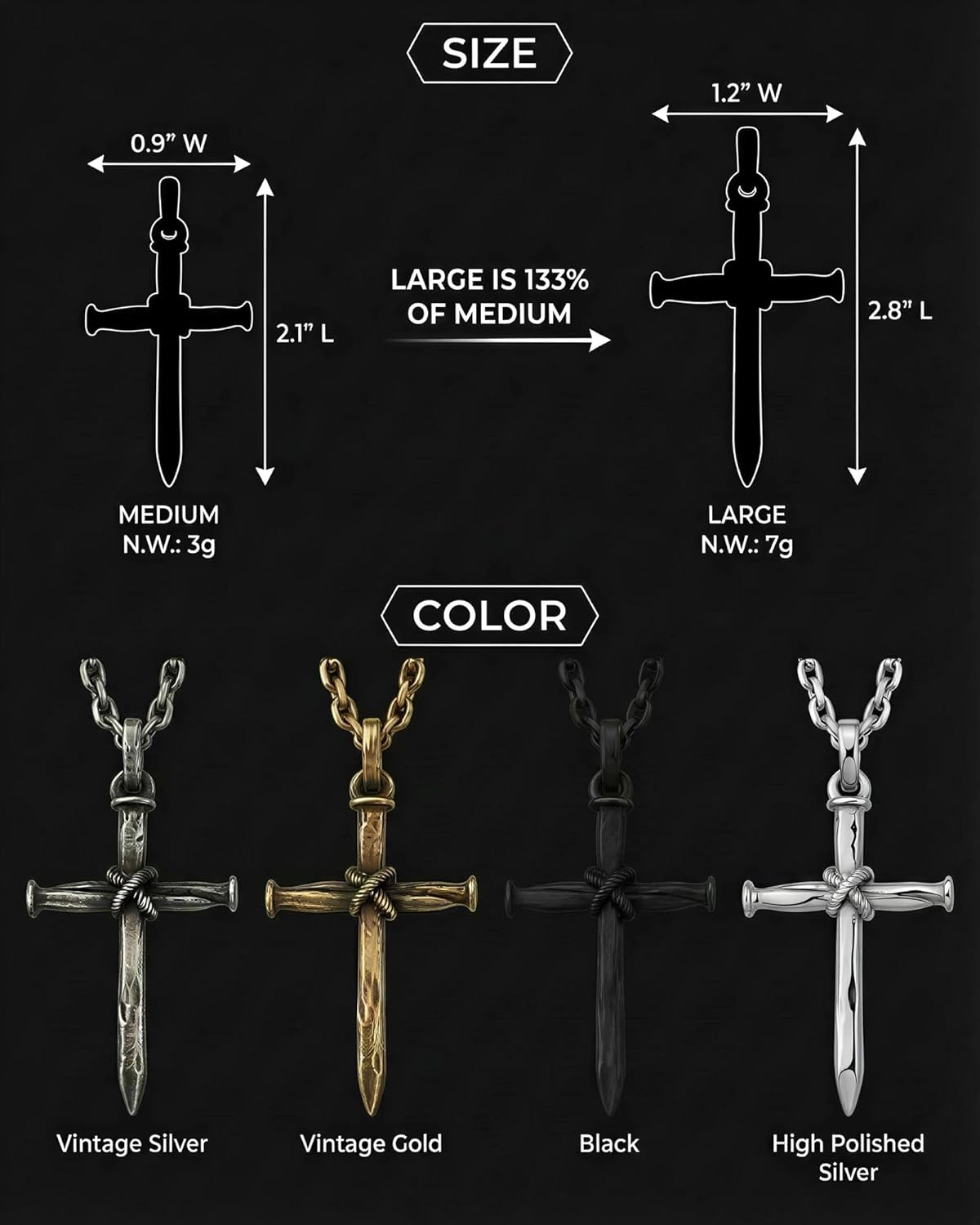 Nail Cross Necklace for Men - Hypoallergenic 316L Stainless Steel Cross Pendant, Vintage Silver/Gold/Black Tone, Christian Faith Gift